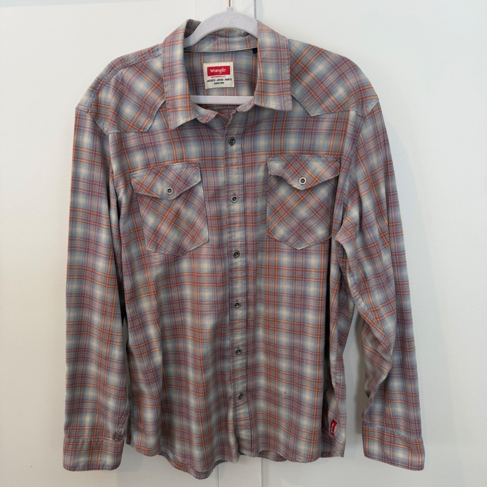 Men's Wrangler Button Down‎ Shirt Red Blue Orange Plaid Western Pockets XL